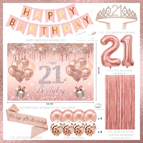 Image of 21st Birthday Decorations for her,Banner,Backdrop, it's my 21st Birthday Sash, Sweet Rhinestone Tiara Crown,Balloons