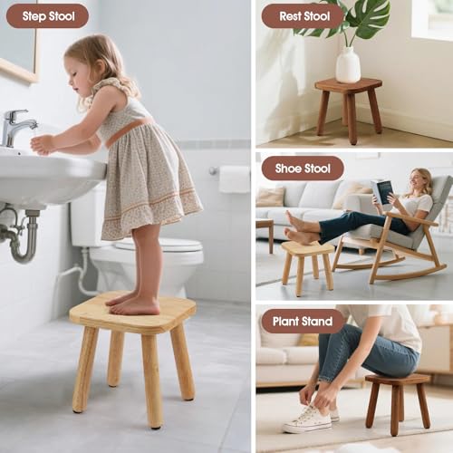 Image of Solid Wood Step Stool 9.3 inch - 300lbs Capacity Plant Stand Indoor, Smal Stools to Sit on, Multi-Use Footstool for Bathroom /Bedroom /Kitchen(Natural Color)