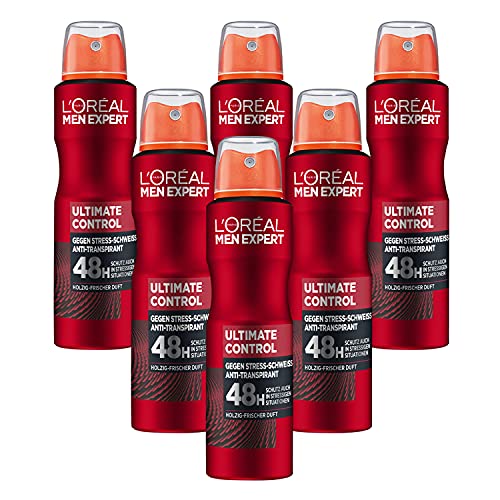 L'Oréal Men Expert Körperpflege, Effektives Deospray für Männer gegen Stressschweiß für bis zu 48 Stunden Frische, Ultimate Control, 6 x 150 ml
