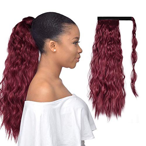 PEACOCO Corn Wave Ponytail for Black Women, 24 Inch Long Wavy Curly Hair Fluffy Pony Tail Hair Piece Magic Paste Synthetic Wrap Around Ponytail Extension (BUG)