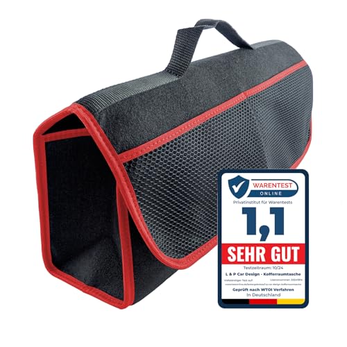 L & P Car Design Kofferraumtasche Organizer Autotasche Auto Kofferraum KFZ Tasche Toolbag Aufbewahrungstasche mit Klettverschluss (Schwarz rot)