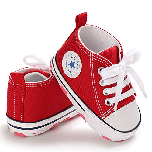 Baby Boys Girls Star High Top Sneaker Soft Anti-Slip Sole Newborn Infant First Walkers Canvas Denim Shoes (11Cm, A-Red, 0_Months) #TOP2