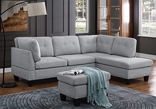 Sectional Couch Sofa With Chaise Lounge And Ottoman 3 Seat Sofa Couch For Small Space L Shape Small Convertible Sectional Sofa For Living Room,Apartment,Office Area, Right Facing Couch In Grey #TOP5