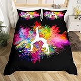 Gymnastics Dancing Duvet Cover Full Size,Girls Rainbow Watercolor Tie Dye Bedding Set for Kids Woman Room Decor,Cheerleading Comforter Cover Yoga Lover Quilt Cover 3pcs with 2 Pillowcases,Black
