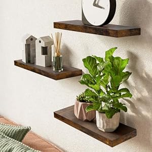 BAYKA Floating Wood Shelves - Wall Mounted for Bathroom,Bedroom,Living Room,Kitchen,Small Hanging Shelf for Books/Storage/Room Decor with 22lbs Capacity(Rustic Brown,Set of 3,16inch) BAYKA Floating Wood Shelves Wall Mounted for BathroomBedroomLiving RoomKitchenSmall Hanging Shelf for BooksStorageRoom Decor with 22lbs CapacityRustic BrownSet of 316inch