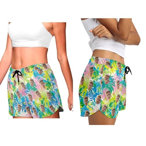 Custom Women Men Funny Beach Shorts with Faces Tropical Floral Personalized Board Shorts for Beach Party Surfing4