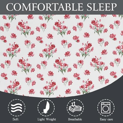 Image of 240 TC Soft Ezyption Floral Single Bed Sheet Cotton - Single bedsheet with 1 Pillow Cover Hypoallergenic, Brethable, (Size- 60 x 90 Inch | Red White