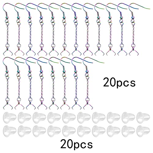 JMKTOOL 20pcs Rainbow Color Stainless Steel Earring Hooks with Beaded Chains and Pinch Clasps, Fish Hook Style, Polished Finish, Earring Findings