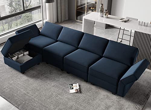 Belffin Modular Sectional Sofa Couch With Reversible Chaise Velvet L Shaped Couch Sofa With Storage 4-Seat Convertible Sectional Sofa Blue #TOP3