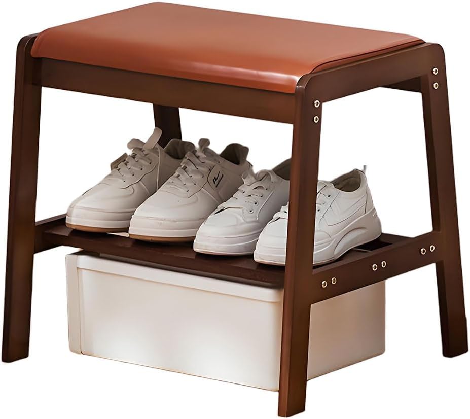 Modern Bamboo Shoe Rack with Removable Faux Leather Cushion – Easy to Clean & Sturdy Entryway Storage Bench for Hallway, Living Room, or Front Door – Stylish Orange Design