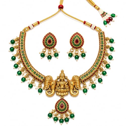 Traditional Antique Gold Plated Goddess Lakshmi Temple Jewelry Necklace Set with Matching Jhumka Earrings | Kemp Stone Ethnic Choker for Women and Girls | South Indian Bridal Jewelry | Bridal Set for Women (E)