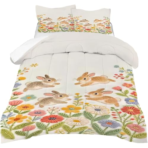 Image of Floral Rabbit Comforter Set Queen Size Cartoon Flower Bunny Bedding Sets for Kids Teens Boys Girls Bedroom Cute Animal Quilt 1 Comforter 2 Pillowcases