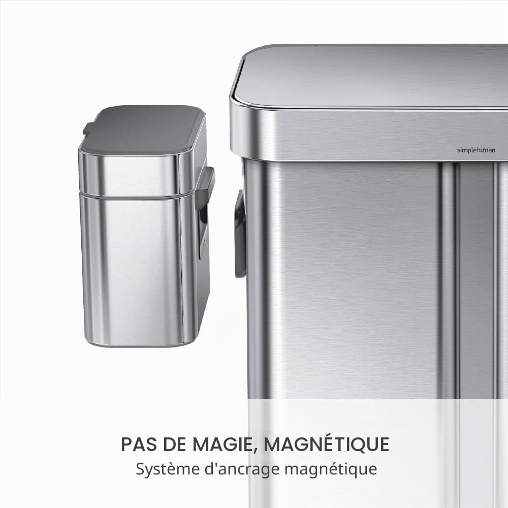 simplehuman Bac à Compost 4 L pour Cuisine, Support Magnétique, Couvercle Aéré Anti-Odeurs, Bac Intérieur Amovible, Sacs Compostables Inclus, Acier Inoxydable Brossé