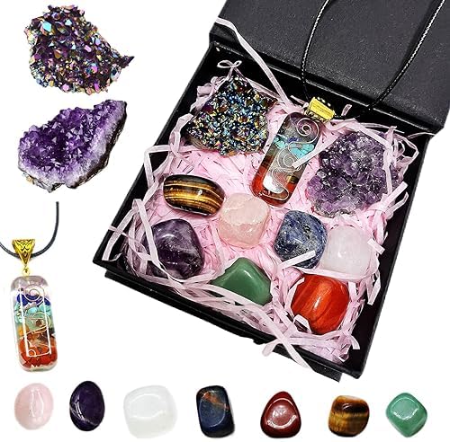Qlisytpps 10pcs Healing Crystals Set Real Crystals Stones Kit, Chakra Crystals Gemstones Amethyst Clusters,geode Crystals,Chakra Necklace Witchcraft Crystals Gifts Beginners Gift