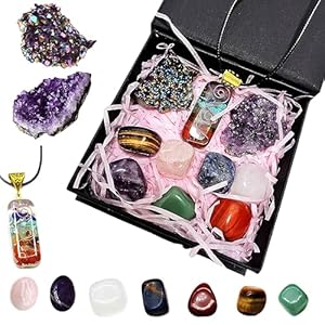 Qlisytpps 10pcs Healing Crystals Set Real Crystals Stones Kit, Chakra Crystals Gemstones Amethyst Clusters,geode Crystals,Chakra Necklace Witchcraft Crystals Gifts Beginners Gifts for Women
