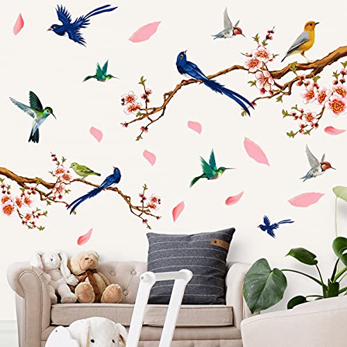 Creative Pink Flowers Wall Decals Peach Cherry Blossom Tree Branches Wall Stickers Diy Removable Flying Birds Floral Green Leaf Home Decor For Kids Girls Bedroom Living Room Nursery Office Decoration #TOP2