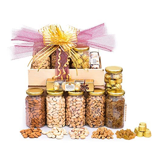 Image of NUTRI MIRACLE Dry Fruit & Nut Gifts Box /Hamper I Ethnic Floral Bhai Bhabhi Pair I Kids Whistle Rakhis I Cz Stone Rakhi I Pearl Dora I Tilak Kit,650gm