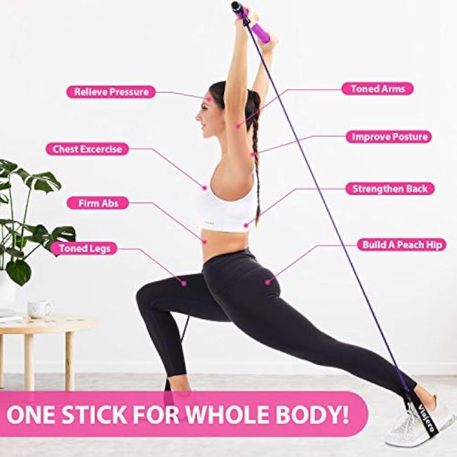 Viajero Pilates Bar Kit for Portable Home Gym Workout - 2 Latex Exercise Resistance Band - 3-Section Sticks - All-in-one Strength Weights Equipment for Body Fitness Squat Yoga with E-Book & Video