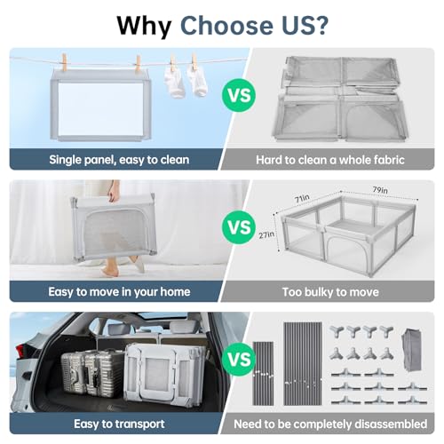 Image of Large Baby Playpen for Babies and Toddlers 79x71 Inch, Adjustable Foldable Indoor & Outdoor Play Pen for Toddlers Twins Baby Fence Play Yards with Breathable Mesh Anti-Fall Playpen,Grey
