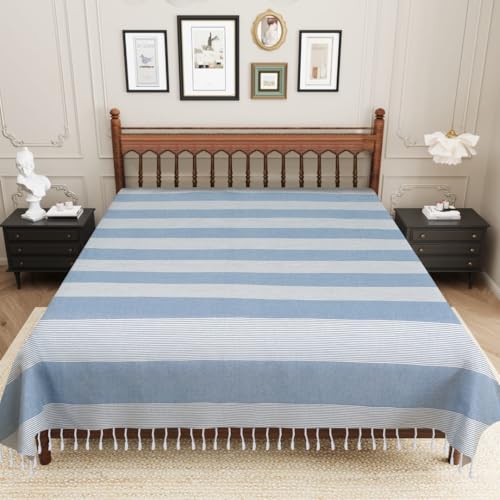 Image of 210 TC Cotton Bedsheet | Handmade Double Bedsheet | Handloom Bedsheets | Without Pillow Cover | Double Bedsheet for Summer |Size (90X100 Inches, 7.5 x 8.3 Feet (Wild Blue Yonder1)