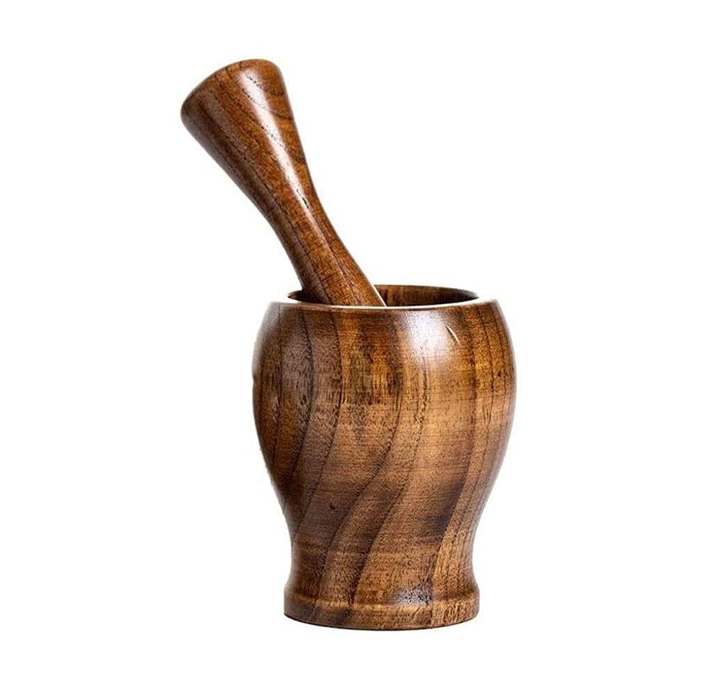 Wooden Mortar Pestle Grinding Bowl Set Garlic Crush Pot