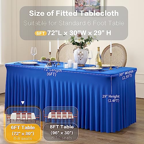 Image of 3 Packs Royal Blue Spandex Tablecloths for 6 Foot Rectangle Tables, Stretchy Fitted 6FT Royal Blue Table Skirt for Wedding Party, Wrinkle Free Tablecloths for Banquet Wedding Birthday Party