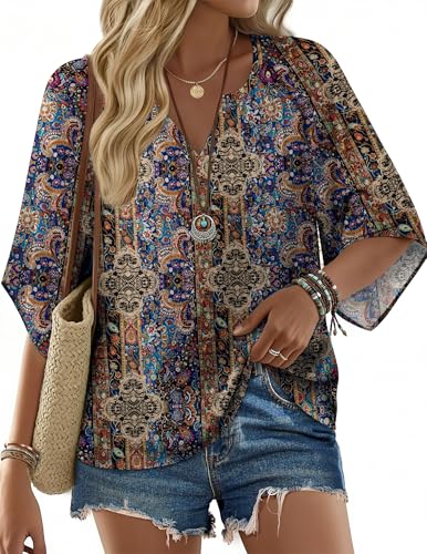 Zeagoo Damen Sommer T Shirt Leicht Blusen V-Ausschnitt Glocken&auml;rmel Wasserfall Tunika Leinen Baumwolle Longbluse B&ouml;hmen 2XL