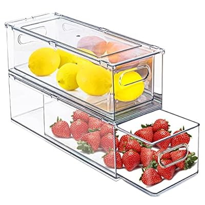 bealy 2 Pack Fridge Organizers and Storage with Pull out Drawer, Stackable Storage Drawer, Clear Refrigerator Organizers, BPA-Free for Freezer Kitchen Cabinet Pantry, 3.14QT