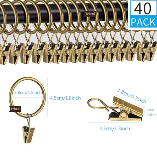 40 Stück 3.8 cm Gardinenringe für Gardinenstange, antiker Messing-Metall-Vorhangring mit Clips, dekorativer Vorhang, Innendurchmesser, Kleiderbügel für Badezimmer, Wohnzimmer und Gästezimmer