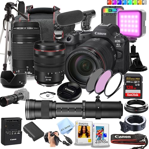 Canon EOS R5 Mark II Full-Frame Mirrorless Camera with 24-105mm USM & 75-300mm Lenses + 420-800mm Lens + 128GB Extreme Card + Case + Mic + RGB Light + Tripod + More (Content Creator Bundle) (Renewed)