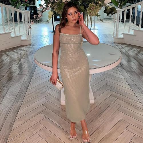 Women's Sequins Midi Dress Sexy Back Slit Spaghetti Strap Bodycon Long Dress Summer Sparkly Party Dresses2