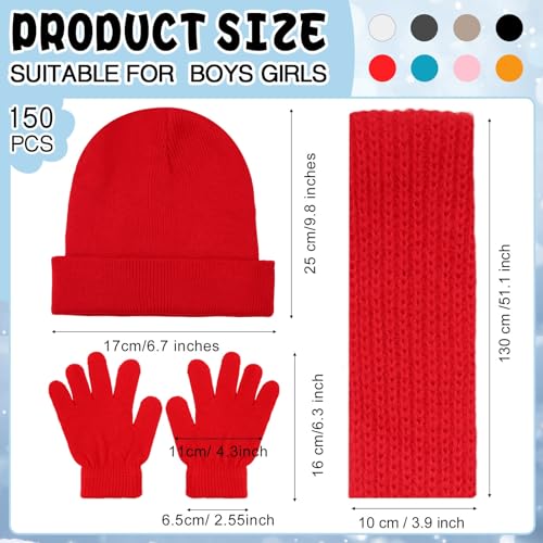 Image of JaGely 150 Pcs Kids Winter Beanies Gloves Scarf Bulk Warm Knit Hat Stretchy Full Fingers Gloves Scarves for Boys Girls