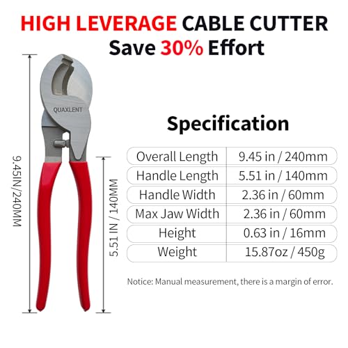 Image of 10 Inch Large Cable Cutter Heavy Duty High Leverage Big Wire Cutting Plier Tool for 4 /0 Aluminum 2 /0 Soft Copper and 100PR 24AWG Comm Cable, Bright Red