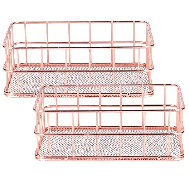 Wrought Iron Storage Basket - Desktop Organizer Container - For Kitchen Cabinets, Pantry, Bathroom - 2 Pack,Rose Gold(small)