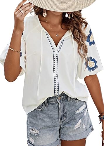 HVEPUO Short Sleeve White Blouses for Women Dressy Travel Casual Boho Fitted V Neck T Shirt Puffy Sleeves Tops Tie Front Floral Embroidery Summer Shirts White S