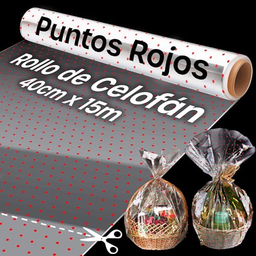 Papel Celofan Transparente (Puntos Rojos) - 40cm x 15m Envoltura de Celofán para Cestas - Celofán Transparente 3 Mil de Grosor para Bouquet, Cestas de Regalo y Arreglos Florales (1 Rollo)