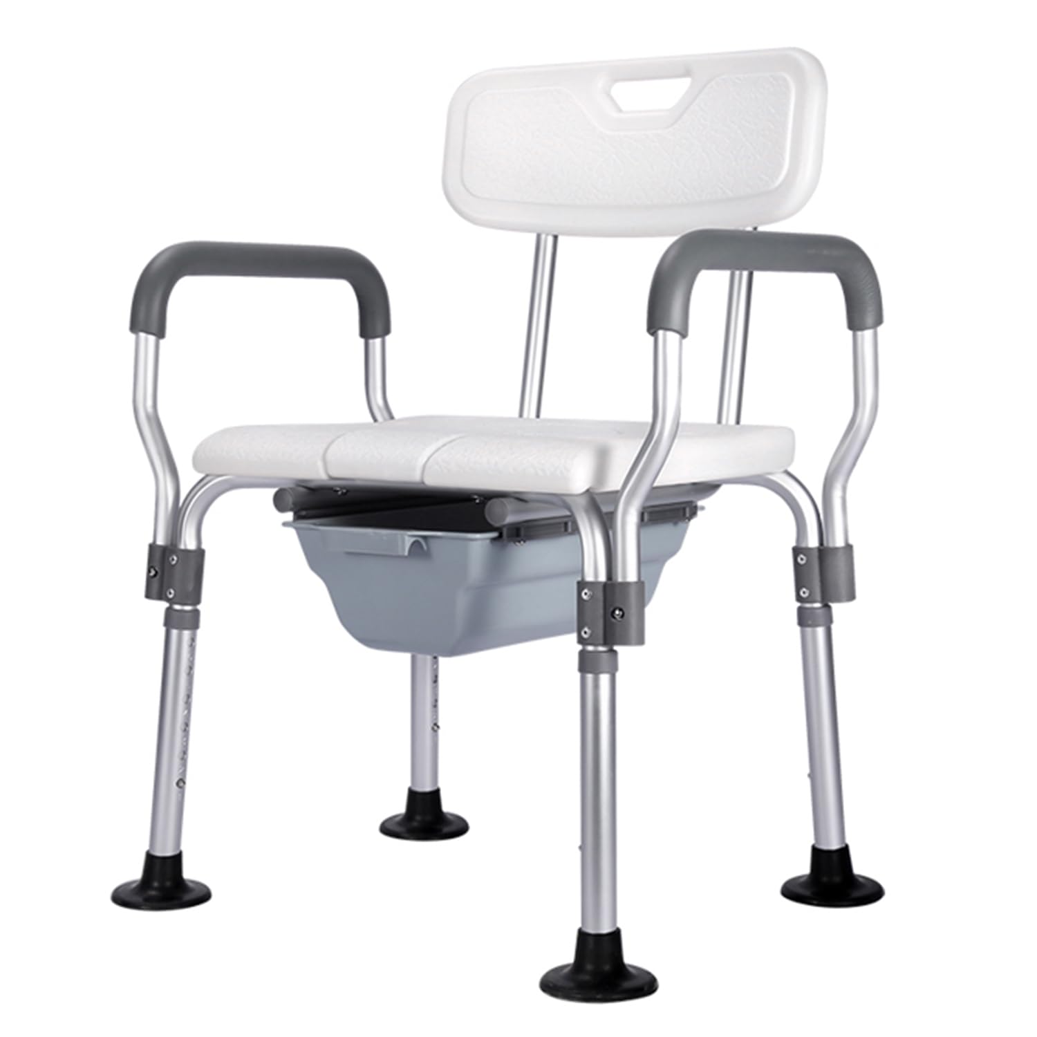 Silla de ducha 4 en 1, silla de ducha ajustable en altura con reposabrazos, cubo extraíble con marco de aluminio resistente, asiento de inodoro portátil para personas mayores, adultos discapacitados