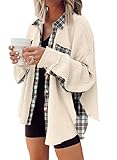SHEWIN Womens Waffle Knit Plaid Shacket Button Down Shirts Jacket Boyfriend Shirts Long Sleeve Tops Fall Clothes for Women 2025 Light Khaki S