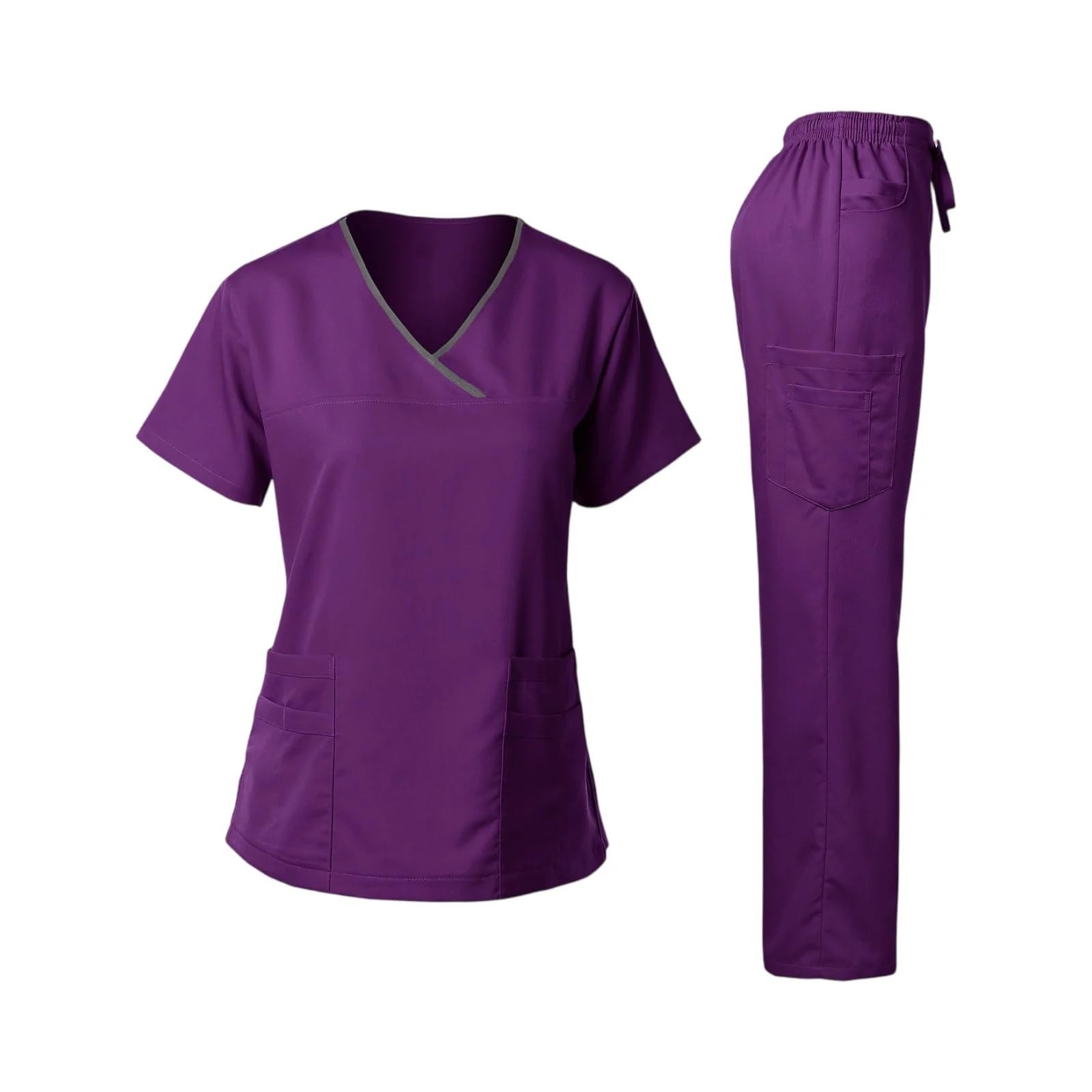AHUFGN Nurse Scrubs Women Women's Nurse Scrub Set V-Neck Short Sleeve Long Pants Medical Cozy Professional Workwear(Dark Purple,XL)