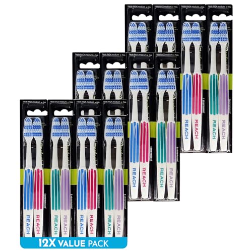 REACH Essential Care Interdental Medium Toothbrush, Duo Pack x 12 – Full Head Manual Toothbrushes with Medium Bristles, Assorted Colors, Daily Oral Care Multipack