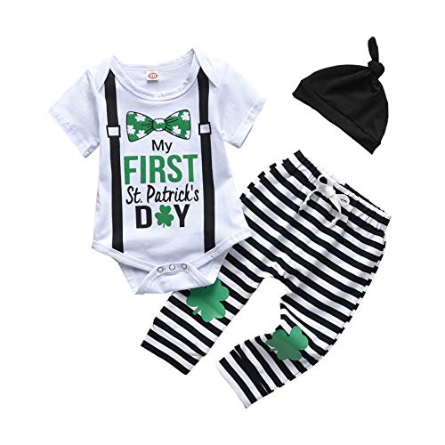 Unisex Baby 3PCS Valentine's Day Elephant Long Sleeve Romper Love Heart Pants with Headband Clothes Outfits (My First St.Patrick White, 0-3 Months)