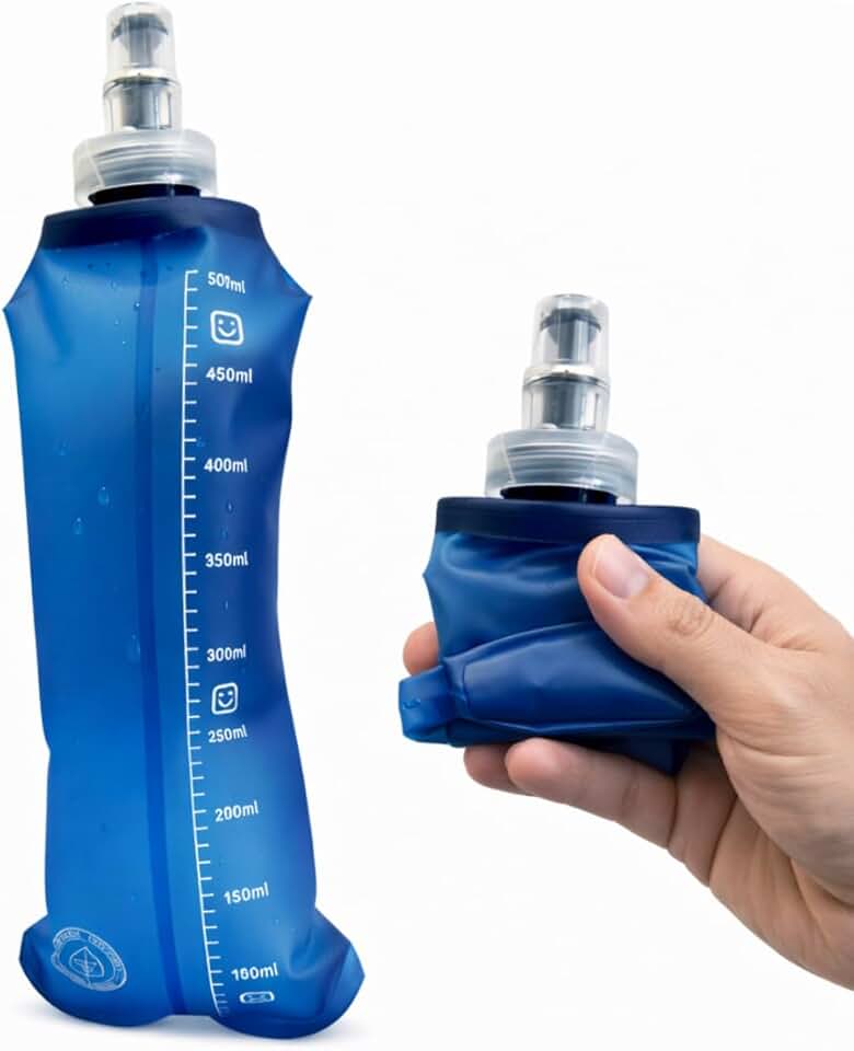Garrafa Água Dobrável Flask 500ml Azul Silicone BPA Free Esportiva Compacta Marcação de Volume Hidratação Academia Corrida Atividades Física