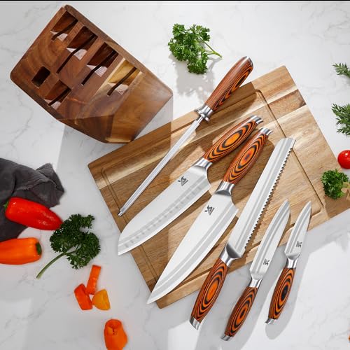 Image of MSY BIGSUNNY 7pcs Knife Block Set, German Steel Chef Knife Set, Precious Pakkawood Handle for Kitchen Knife Block Set