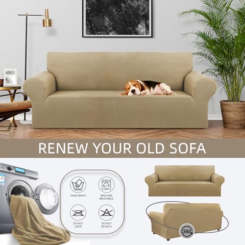 KEKUOU Stretch Sofa Cover Slipcover ,Couch Covers for 3 Cushion Couch Sofa pet Friendly (79"-94") Furniture Protector Sofa with Elastic Bottom for Kids,Dog, Jacquard Small Checked(Large,Tan)