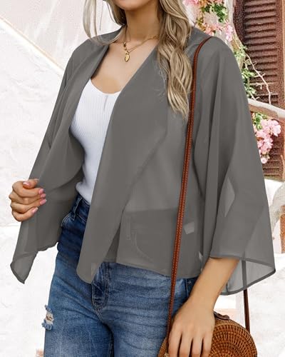 Summer Tops for Women Bolero Shrugs Casual Kimono Cardigans Chiffon Jackets(B-Soild Grey,M)