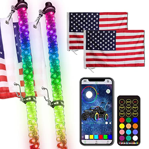 Adust LED Whip Lights for UTV Dune Buggy 2PCS 4FT, Spiral RGB, 300 Colors, 178 Modes, Bluetooth Remote Control, Waterproof IP67 for Can-Am ATV UTV RZR Polaris Dune Buggy Offroad Truck Accessories