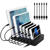 PRITEK 50W/10A USB Charging Station with Detachable Baffles Compatible for Cellphone Tablet and Other USB-Enabled Gadget Multiple Devices Desktop Charger Station with 6pcs Short USB Cables (Black)