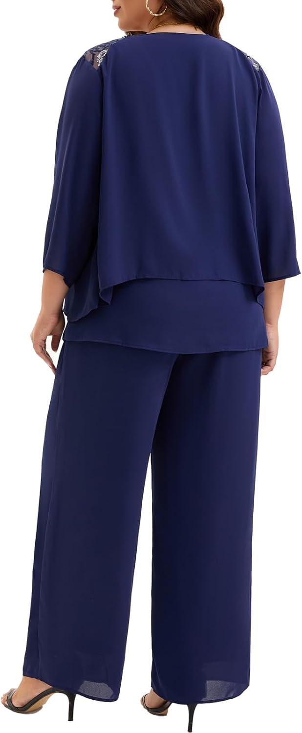 Plus Size Mother of Bride 3 Piece Chiffon Pantsuit Embroidered Lace Sequins Wedding Guest Formal Evening Attire - Image 6