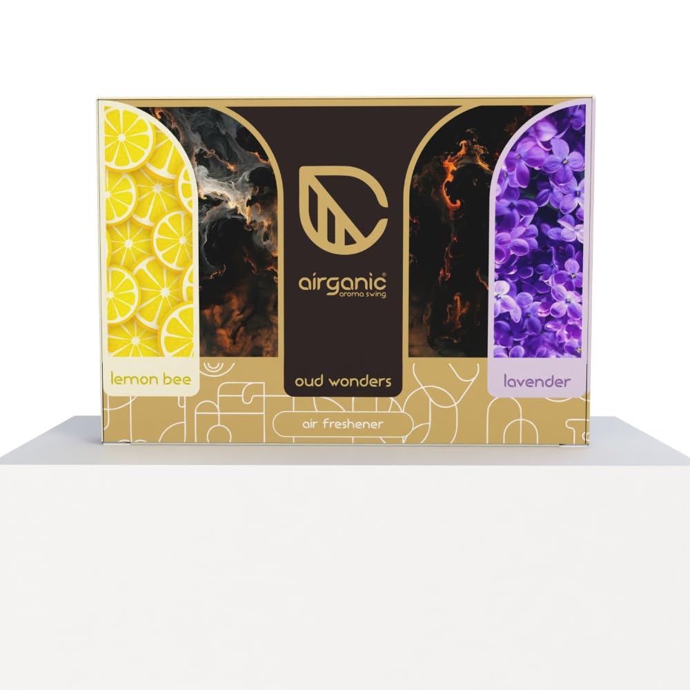 Aroma Swing Combo Offer : Lemon bee, Lavender & Oud Wonders | Aroma with Essential Oils in Glass Bottle with Wooden Diffuser Lid| Car Fresheners Long Lasting | Car Accessories Interior