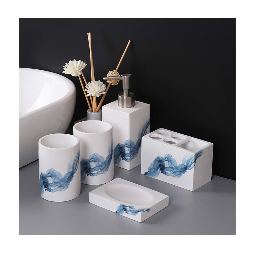 Estilo Antiguo Juego de Accesorios de Baño de Resina Conjunto de Baño con Porta Cepillo de Dientes, 2 Tazas, Dispensador de Jabón Líquido, Jabonera, Azul Impreso,Without Tray